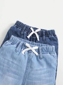 SHEIN Ensemble De 2 Pièces De Jeans En Denim Respirant Doux À La Mode Pour Bébé Garçon Lavés En Bleu Clair Et Foncé Pour Le Printemps Et L'été
