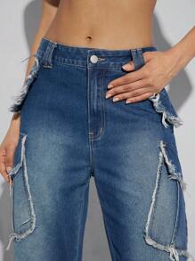 Denimoi 磨边工装口袋阔腿休闲牛仔裤 - 深色水洗藍 - 查看 6