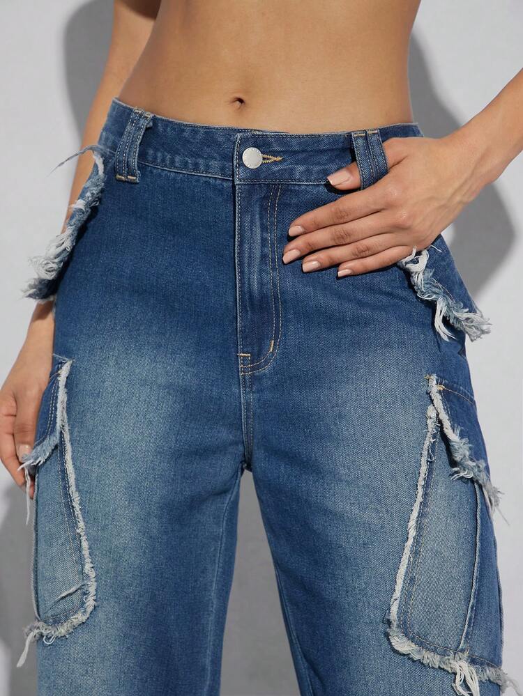Frayed Cargo Pocket Wide Leg Casual Jeans