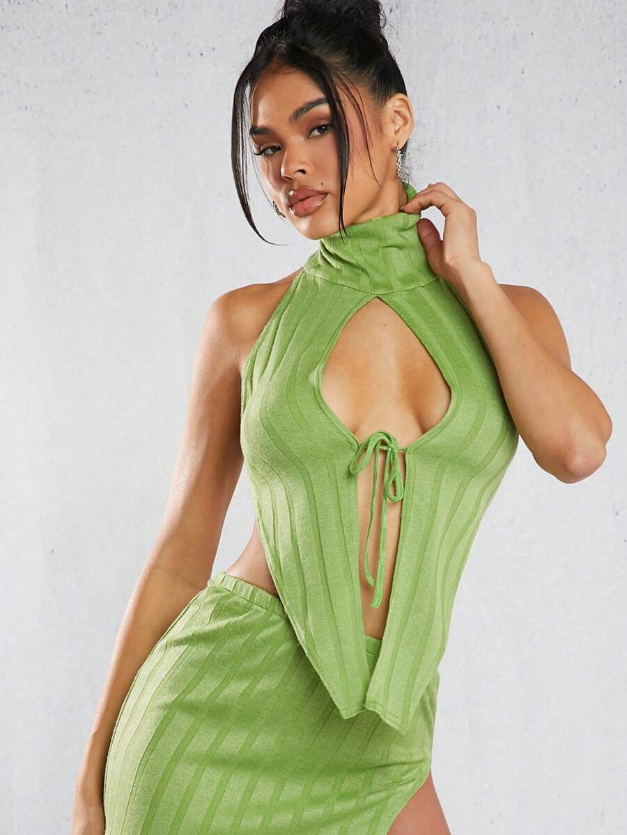 Hauture Women's Asymmetrical Hem Halter Neck Sleeveless Top With Hollow Out Design - Green - View 1