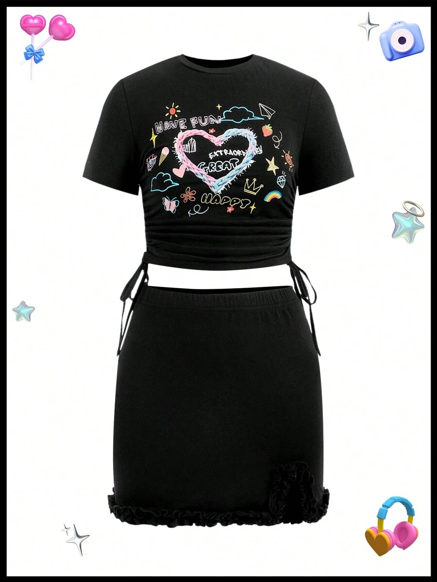 SHEINNeu Valentine Love Print Two-Piece Outfit - Black - View 1