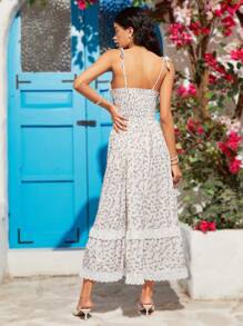 Soleia 女性休閒花卉拼接細肩帶綁帶連帽裙，裙邊褶飾裝飾 - 紫色 - 查看 7