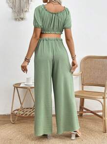 SHEIN Maternity Solid Color Short Sleeve Top With Sweetheart Neckline And Straight Pants - Olive Green - View 2