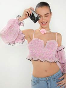 Enchnt Summer Spring Flower Print Cropped Holiday Top With Ruffle Hem And Trim - Pink - View 3
