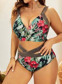 SHEIN Swim Curve 夏季大码热带印花拼布泳衣套装 - 彩色 - 查看 6