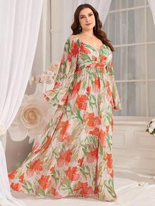 大码女式花卉印花褶饰腰部喇叭袖连衣裙