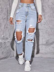 SHEIN EZwear High Waist Ripped Mom Fit Jeans - Light Wash - View 3