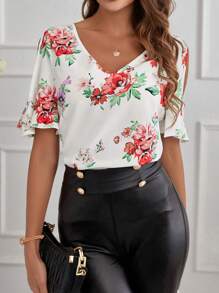 SHEIN Clasi Blusa de manga corta con hombros descubiertos y estampado floral para mujer - Multicolor - Ver 5