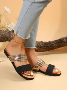 New Women's Flat Roman Slide Sandals With Gold Straps, Khaki Color, One-Strap Style (Size Runs One Size Large) - Black - View 7