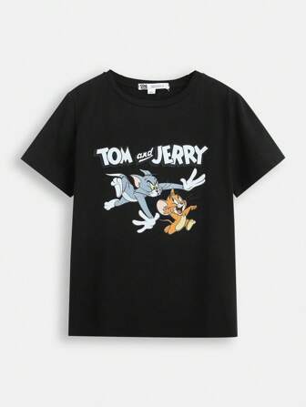 TOM & JERRY X SHEIN Camiseta Gráfica Para Niño Preadolescente Con Dibujos Animados Y Letras