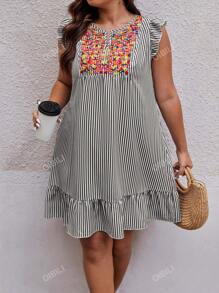 Plus Size Striped Dress With Notched Neckline And Ruffled Hemline