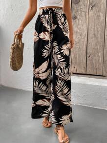 SHEIN Frenchy Pantaloni A Vita Alta Con Cintura In Stampa Tropicale Di Piante Per Donna