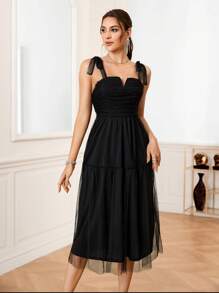 SHEIN Belle Contrast Mesh Layered Hem Cami Cocktail Party Dress - Black - View 6