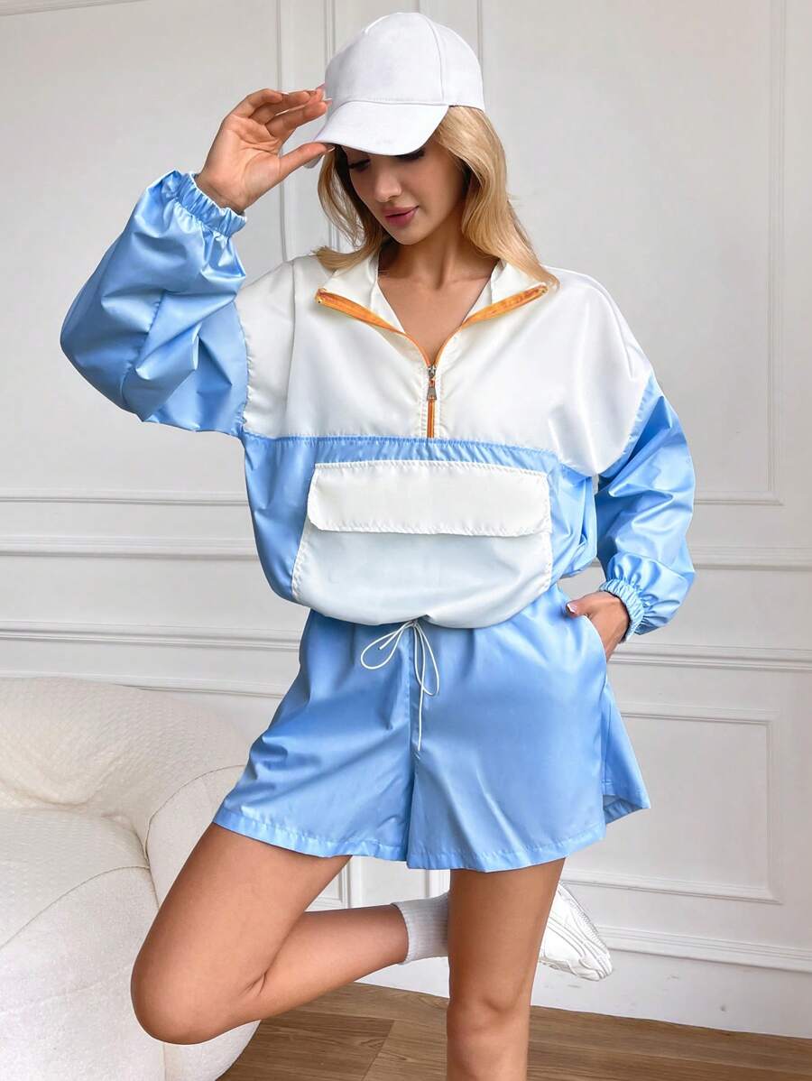 RueChic Women's Contrast Zip Half-Fly Jacket And Shorts Tracksuit - Multicolor - View 1