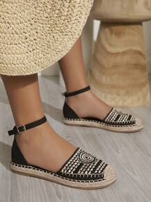 SHUZIA Giày bệt đế tròn thêu họa tiết Boho cho nữ bằng da lộn Espadrille màu đen - Phong cách & Thoải mái - màu đen - Xem 5