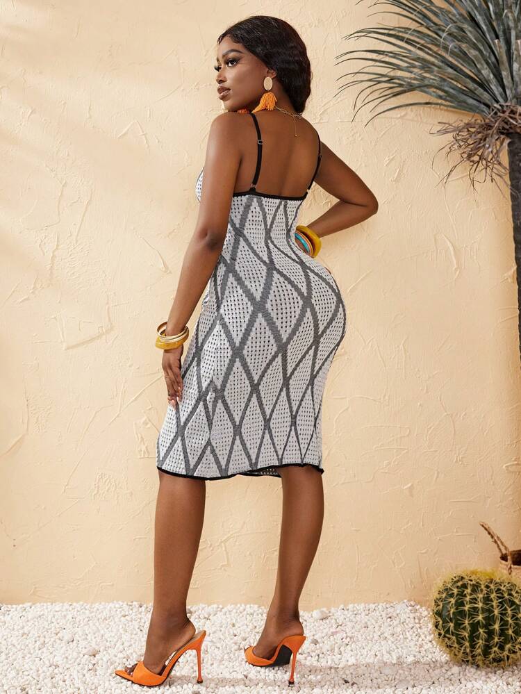 Women's Bodycon Knitted Sweater Halter Dress With Color Block Diamond Pattern