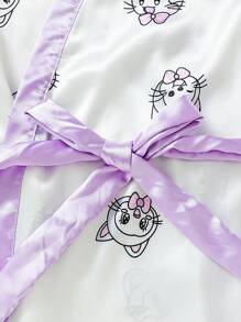 Teen Girl's Simple Fashion Cartoon Printed Cami Nightdress With Short Sleeve Robe Set For Home Wear - Multicolor - View 6