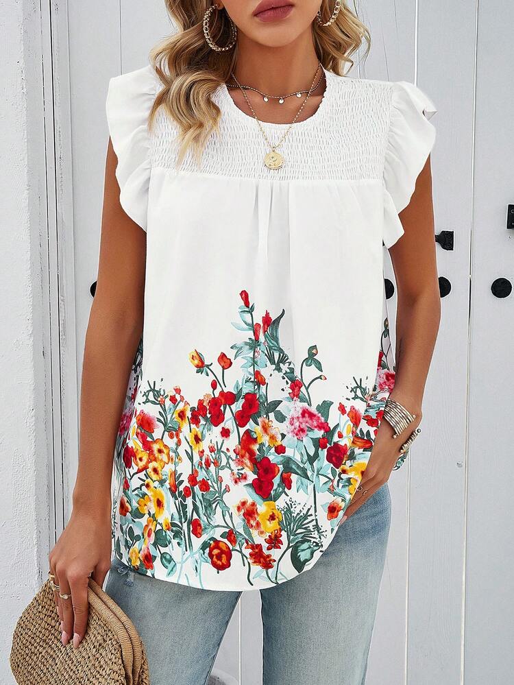 Women's Floral Print Wrap Cap Sleeve Blouse