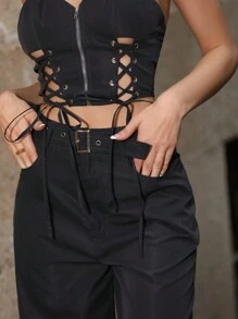 Zolique Top Cruzado Sólido De Cuello Halter Y Pantalones Rectos - Gris Oscuro - Ver 5