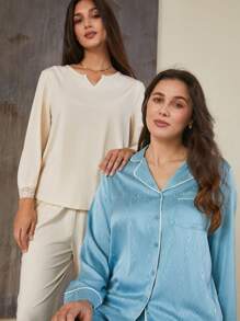 LUVLETTE 奶油白婚礼必备度假棉质莫代尔蕾丝长款女士睡衣套装，可作内衣外穿家居服，适合秋季、春季和夏季穿着。 - 米色 - 查看 7