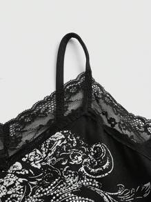 ROMWE Vintage Black Gothic-Inspired Short Camisole Top With Vine Patterns, Rhinestone Collar, Lace Trim And Gathered Waist For Ladies - Black - View 3