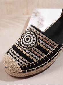 SHUZIA Giày bệt đế tròn thêu họa tiết Boho cho nữ bằng da lộn Espadrille màu đen - Phong cách & Thoải mái - màu đen - Xem 3