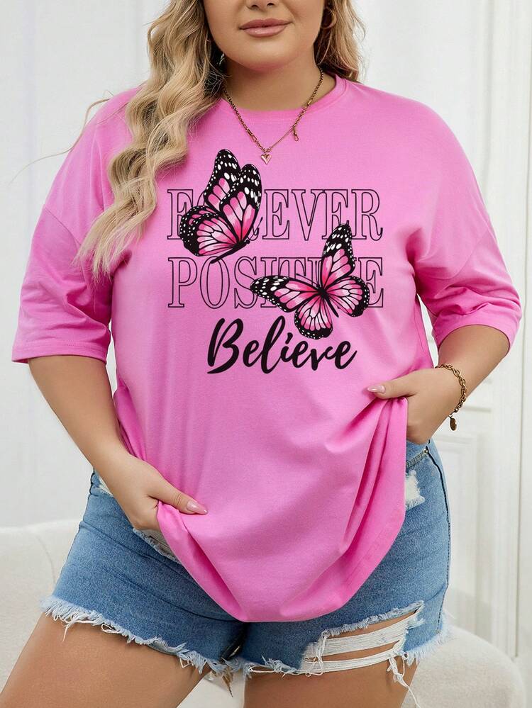 SHEIN EZwear 加大碼蝴蝶和字母印花短袖t恤 - 粉色 - 查看 3