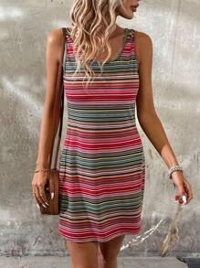 SHEIN LUNE 條紋圓領無袖休閒連衣裙 - 彩色 - 查看 3