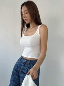 DAZY Camiseta de tirantes ajustada y corta de unicolor para mujer, para verano