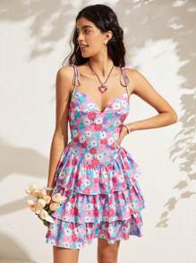 Soleia Vestido camisero con estampado floral pequeño y lazo automático