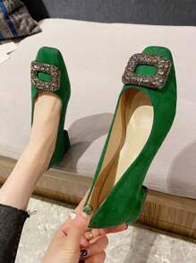 Fall/Winter Fashionable Classic Suede Chunky Heel Square Toe Pumps With Full Rhinestone Buckle Detailing For Women,Flats - Green - View 2