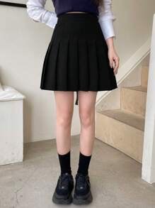 DAZY 女款純色百褶裙 夏季校園風 - 黑色 - 查看 4