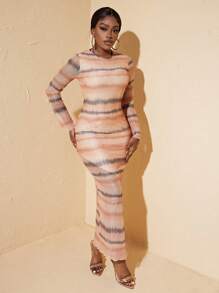 Zolique Striped Backless Mermaid Hem Dress Maxi Women Outfit - Multicolor - View 5