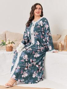 Al Najma 大尺碼花卉印花拼布和蕾絲阿拉伯服裝 - 彩色 - 查看 3