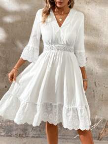 SHEIN LUNE Patchwork Hollow Out Embroidery V-Neckline Dress With Ruffled Hemline And Waist Cinched Design