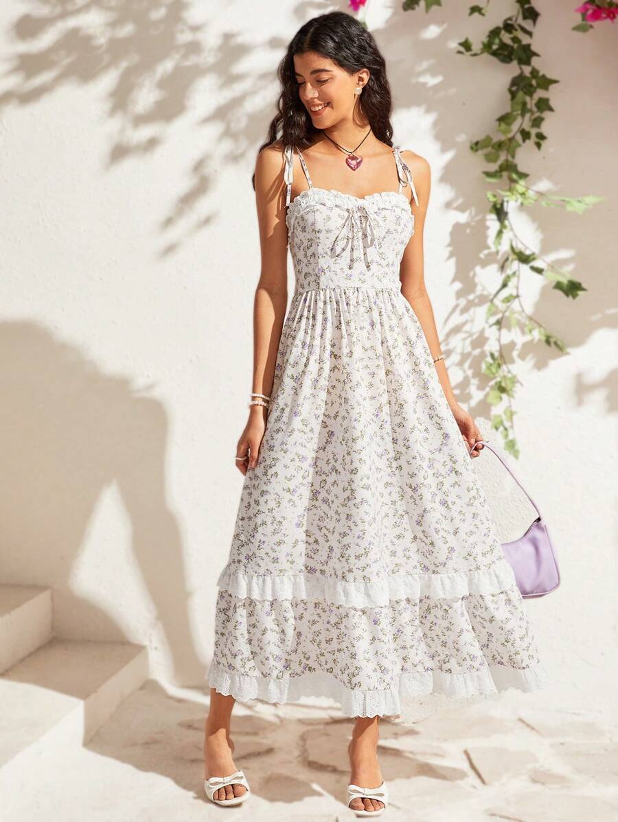 Soleia 女性休閒花卉拼接細肩帶綁帶連帽裙，裙邊褶飾裝飾 - 紫色 - 查看 1