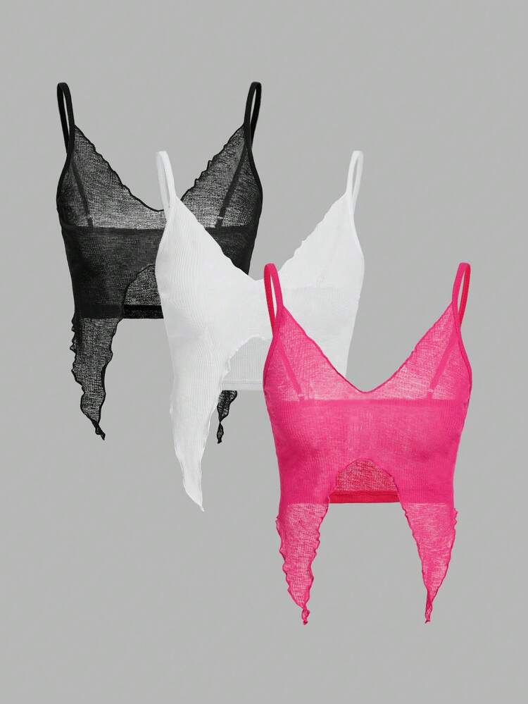 Women's V-Neck Spaghetti Strap Knit Tank Top With Jacquard And Hem Detailing