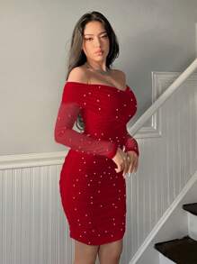 Firerie Off-Shoulder Ruffle & Pearl Beaded Bodycon Dress