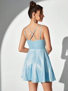 SHEIN Belle Exquisite And Romantic Glitter-Embellished Cami Dress With Crossed Back Straps, Pockets And Perfect For Cocktail Parties - Baby Blue - View 2