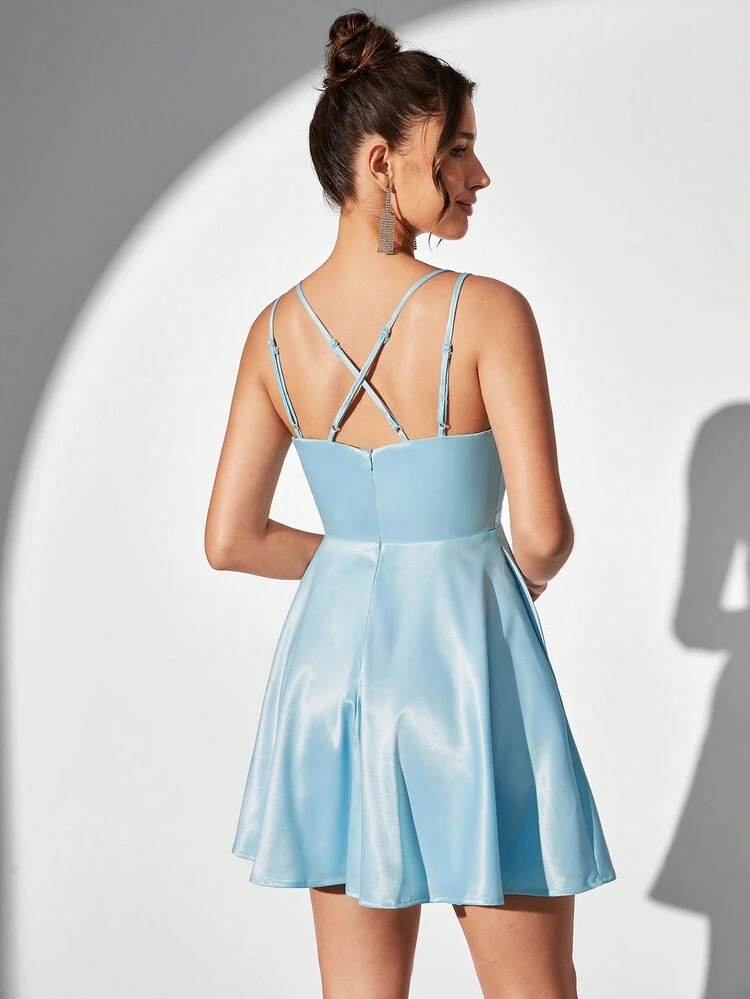 Exquisite And Romantic Glitter-Embellished Cami Dress With Crossed Back Straps, Pockets And Perfect For Cocktail Parties