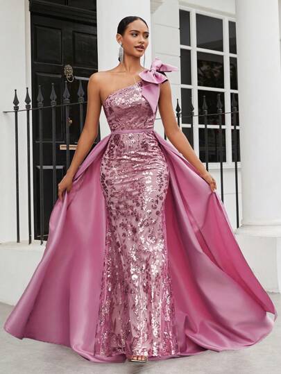 SHEIN Belle فستان سهرة أنيق وجذاب وساحر للنساء، بفيونكة كتف وترتر وزهرة مطرزة على الأكمام الطويلة، قماش ساتان فاخر وقابل للتدليك، مناسب لحفلات المساء والزفاف والعطلات واحتفالات التخرج والعشاء.