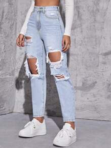 SHEIN EZwear High Waist Ripped Mom Fit Jeans - Light Wash - View 5
