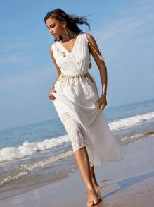 Anewsta Holiday Style Romantic Beach Sexy Laser Embroidery & Tassel Decor Drawstring Women's Casual White Cross V-Neck Floor-Length Dress