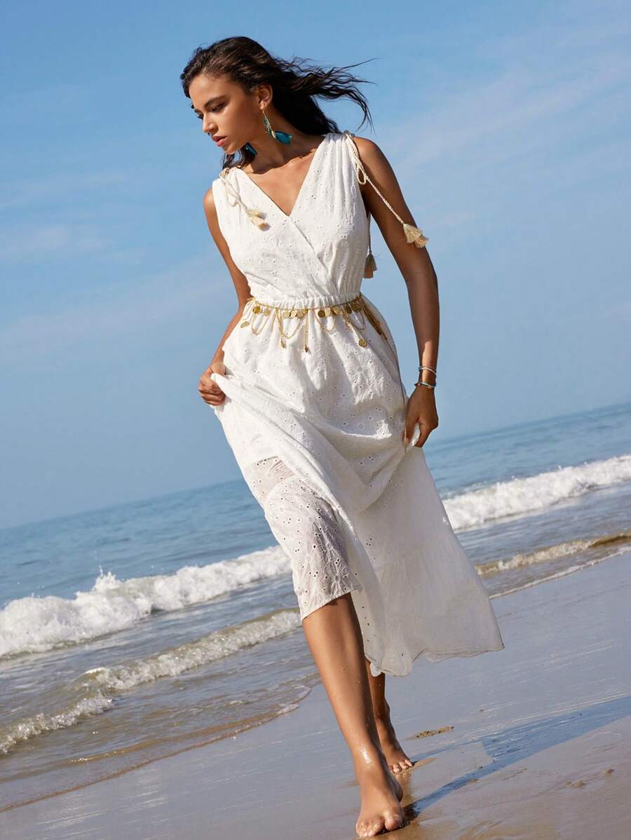 Anewsta Holiday Style Romantic Beach Sexy Laser Embroidery & Tassel Decor Drawstring Women's Casual White Cross V-Neck Floor-Length Dress