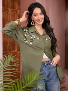 Seusyu Women's Floral Embroidery Long Sleeve Shirt