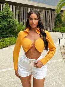 SHEIN SXY 短版綁帶前扣性感長袖襯衫 - 黃色 - 查看 1