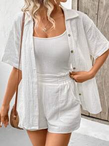 SHEIN Frenchy 女士纯色落肩短袖衬衫和短裤套装夏季两件套服装 - 白色 - 查看 6