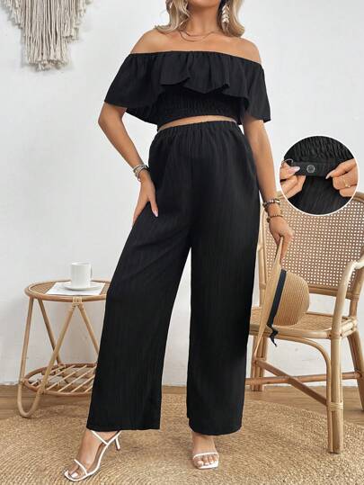 SHEIN Maternity Solid Color Off Shoulder Ruffle Trim Decor Top And Straight Pants