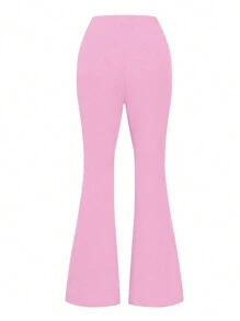 SHEIN LUNE 女士純色肋紋喇叭褲,適用於休閒場合 - 粉色 - 查看 2