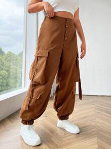 Flirla Plus Size Women's Casual Cargo Pants With Large Pockets - Brown - View 1